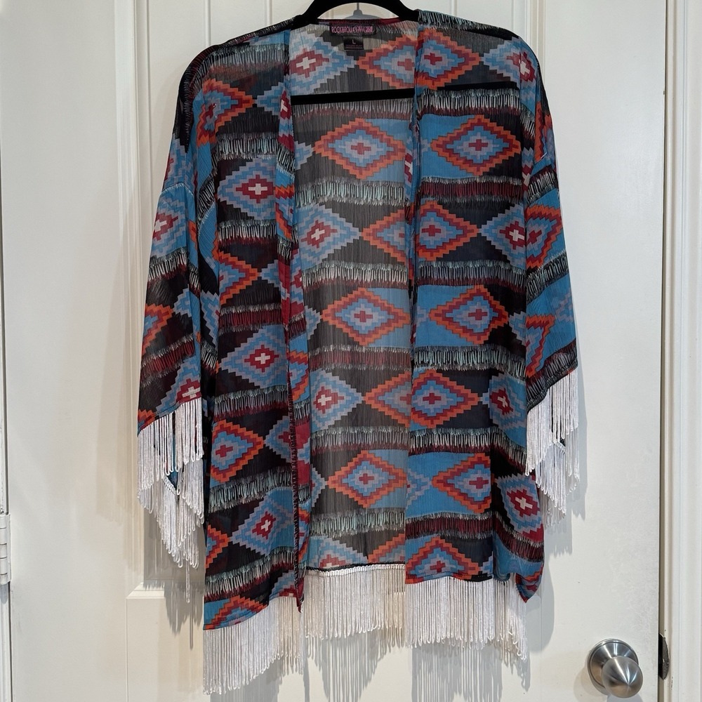 Rock & Roll Cowgirl Aztec Fringe Kimono‎ Western Boho Festival Size Large